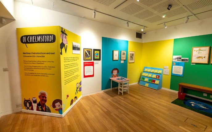 Exhibition gallery about "Oi! Chelmsford" painted in bright colours