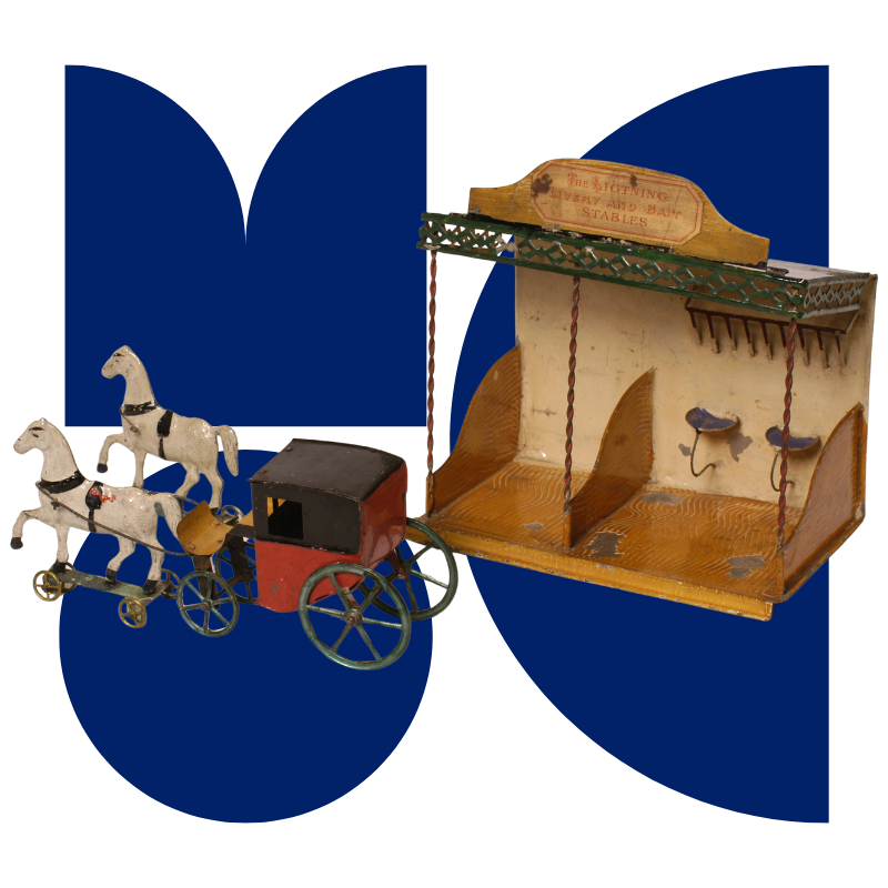 Stylized M O C letters with picture of toy exhibits overlaid