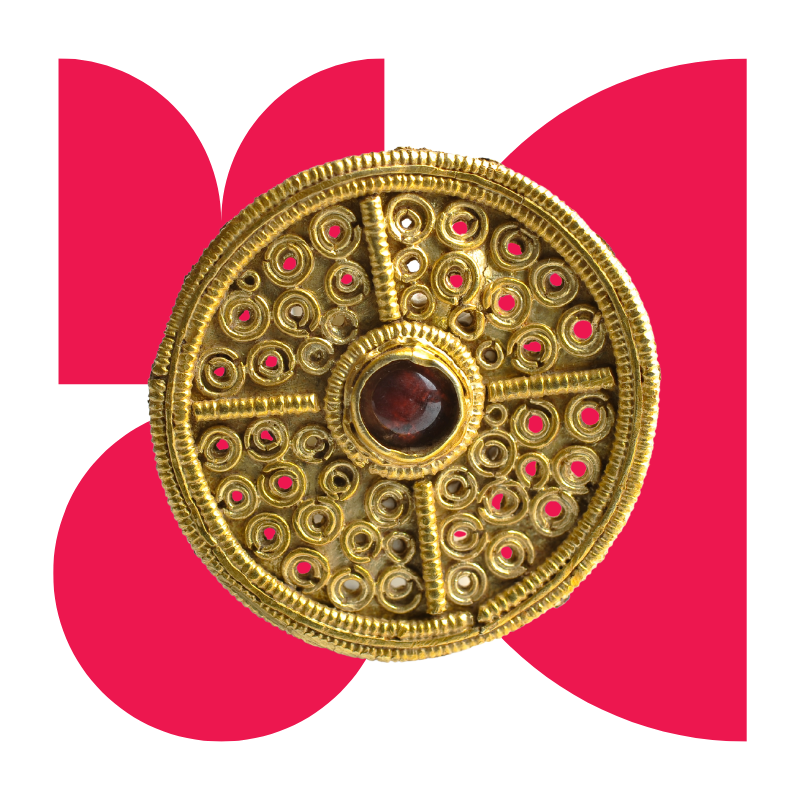 Stylized M O C letters with picture of Saxon pendent overlaid
