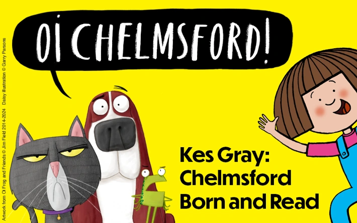 Cat, dog and frog and little girl on yellow background (illustrated). Oi Chelsmford! Kes Gray: Chelmsford Born and Read.