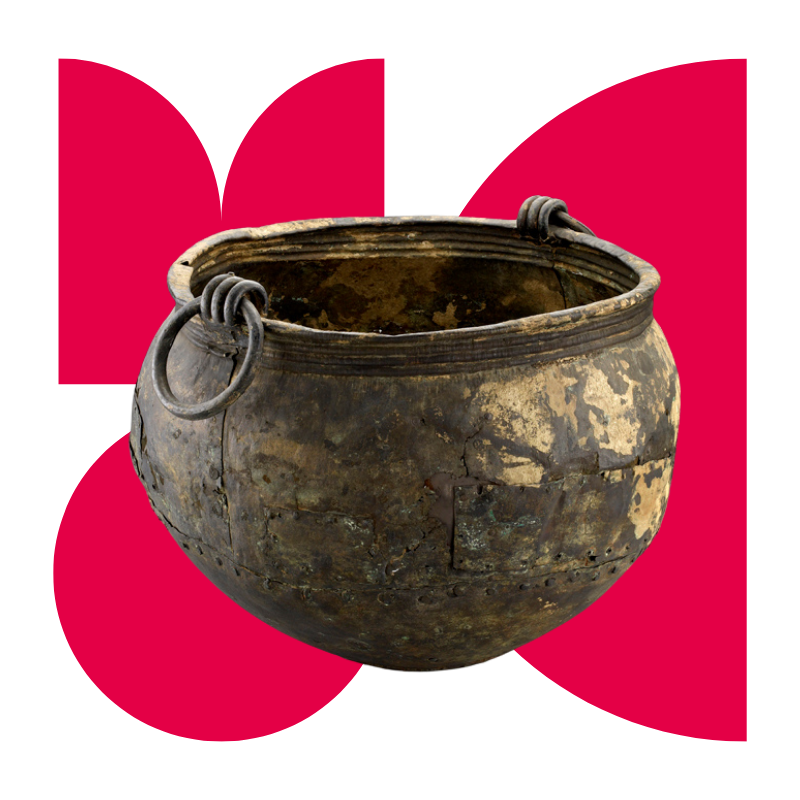 Stylized M O C letters with picture of large bronze pot overlaid