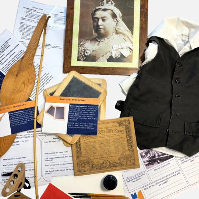 Collection of replica Victorian school-related items